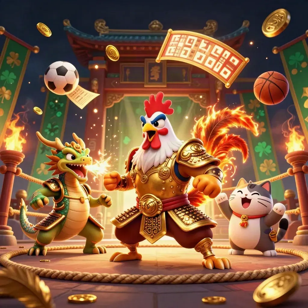 Rooster warrior, dragon hatchling and fortune-cat in a torch-lit casino arena with flying coins.