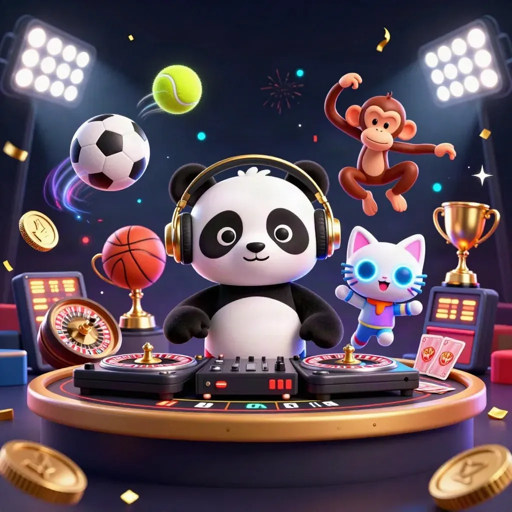 Panda DJ, dancing monkey, and glow-stick kitten in a casino scene with roulette and lights.