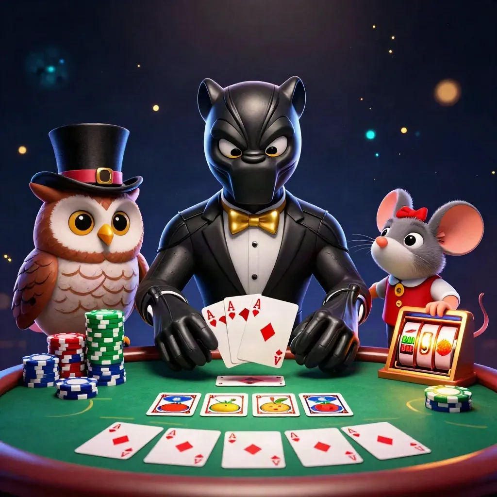 Panther, owl, and mouse in tuxedo at a glowing poker table with chips and cards.