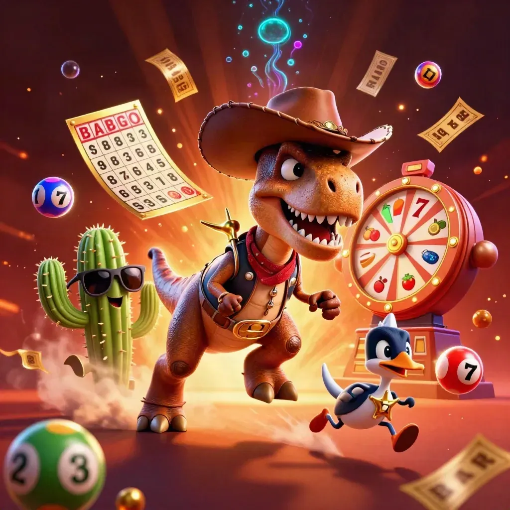 Cowboy T-Rex trio amid lottery balls, bingo card, prize wheel, and glowing casino effects.