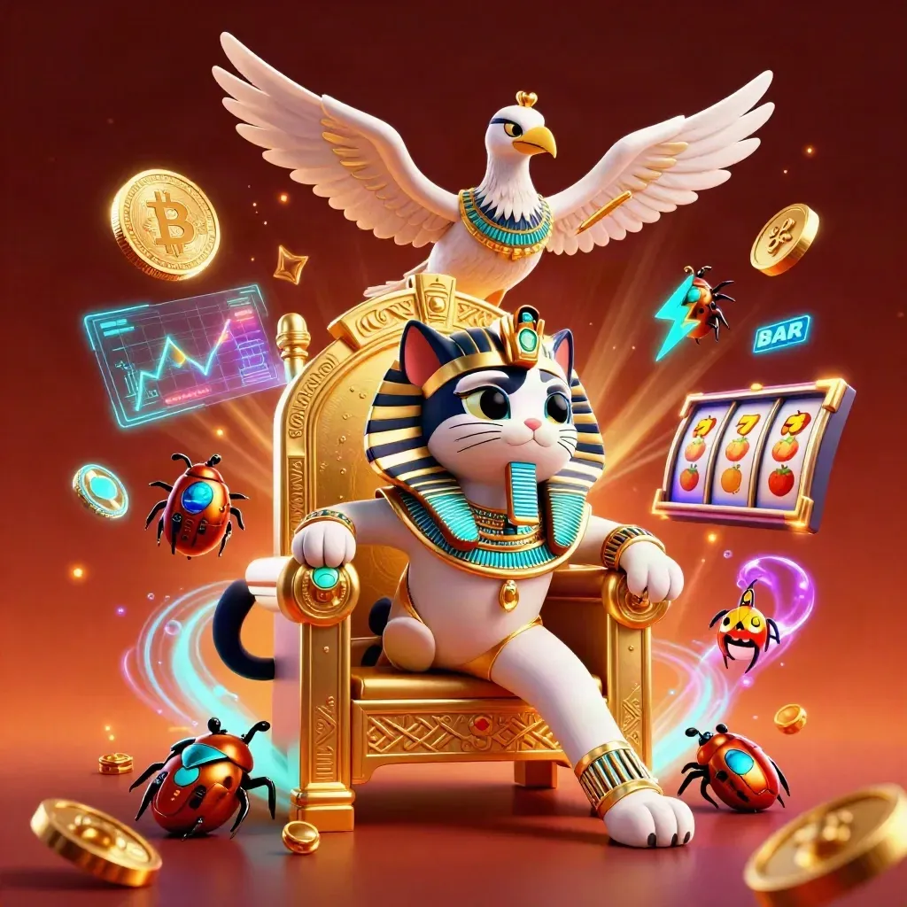 Pharaoh cat, ibis scribe, and gem scarabs amid glowing coins and casino tech bursts
