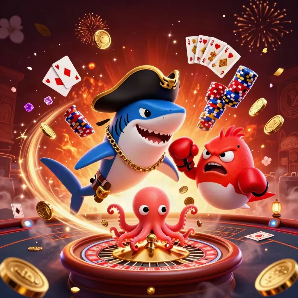 Pirate shark, boxing pufferfish, and juggling octopus amid casino coins, cards, chips, and fireworks.