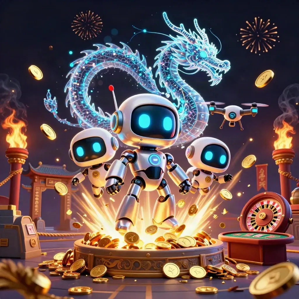 Cyberpunk robot, holographic dragon, and drone amid casino vault coins, fireworks, and temple props.