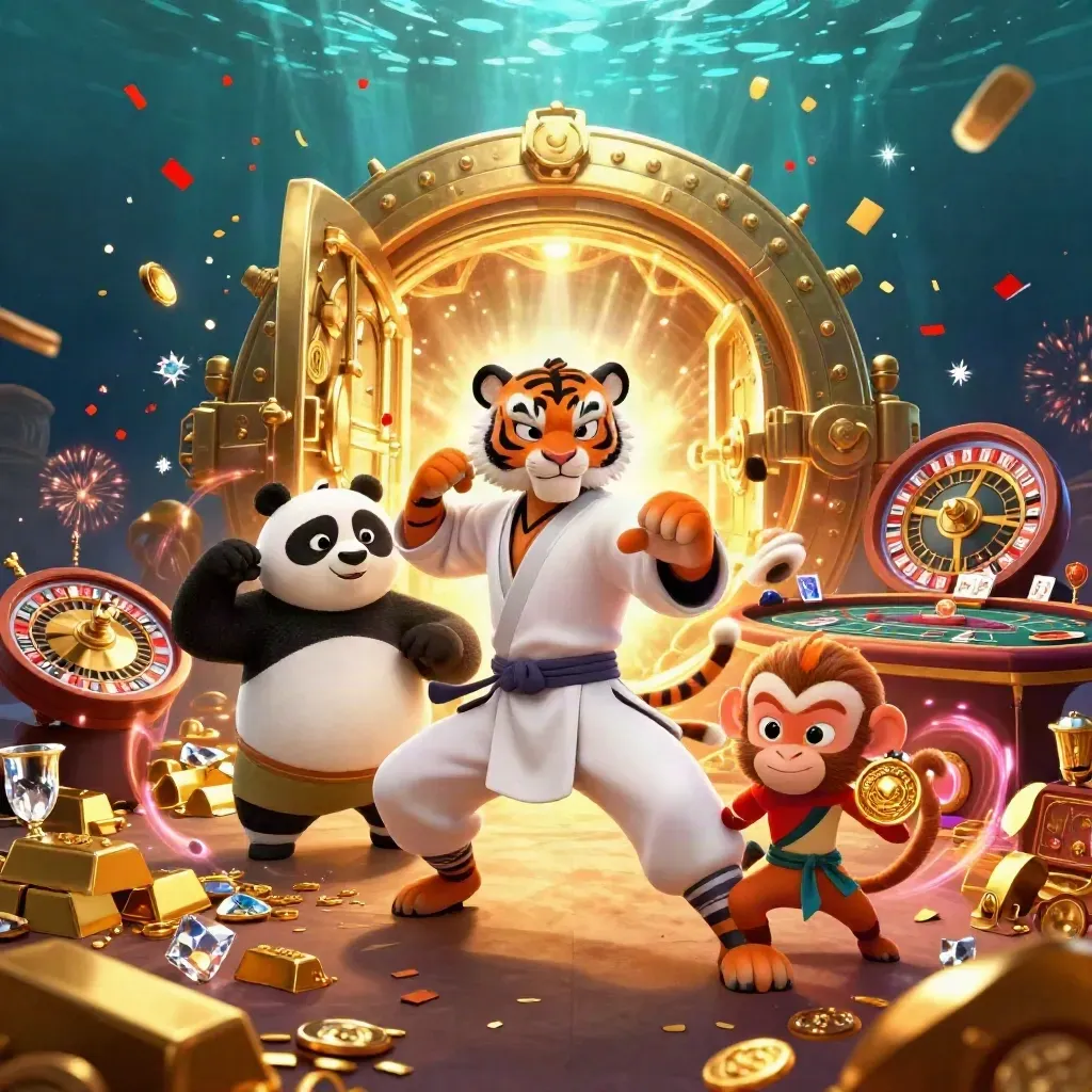 Tiger, panda, and monkey celebrate as a vault blasts gold and casino props in a dark neon scene.